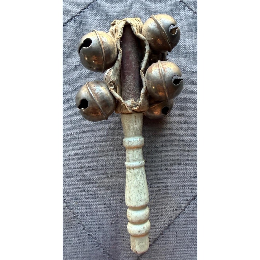 Antique Victorian Baby Rattle Wood Leather 8 Jingle Sleigh Bells 6" Loud Ring